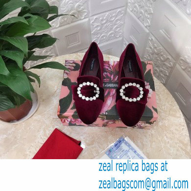 Dolce  &  Gabbana Velvet Crystals Loafers Slippers Burgundy 2021